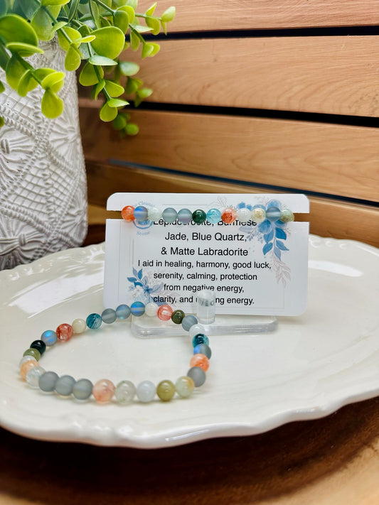 Lepidocrosite, Burmese Jade, Blue Quartz, & Matte Labradorite Bracelet