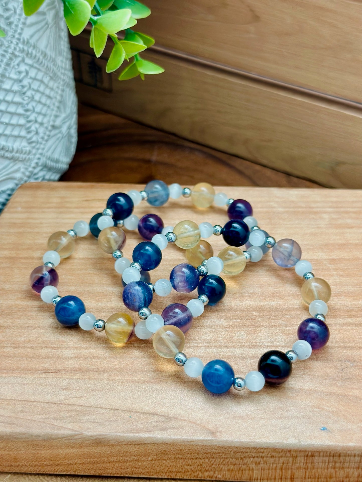 Fluorite, Satin Feldspar and Hematite Bracelet