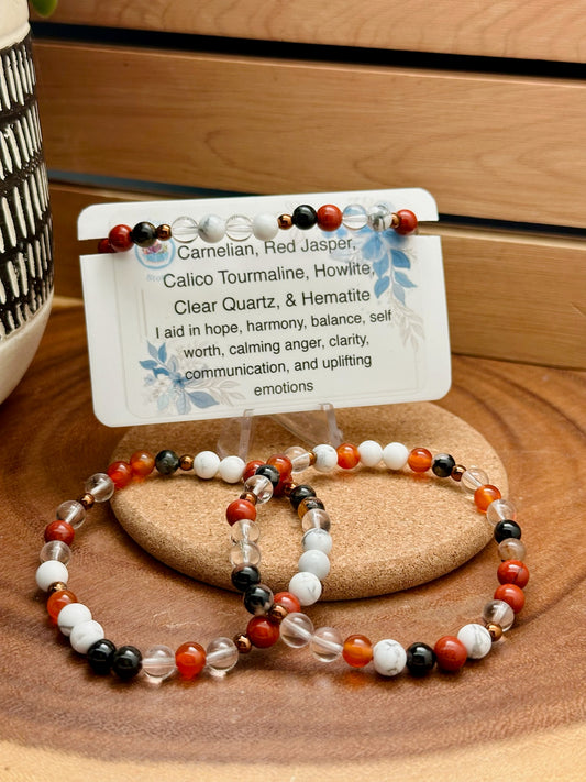 Carnelian, Red Jasper, Calico Tourmaline, Howlite, Clear Quartz, and Hematite Bracelet