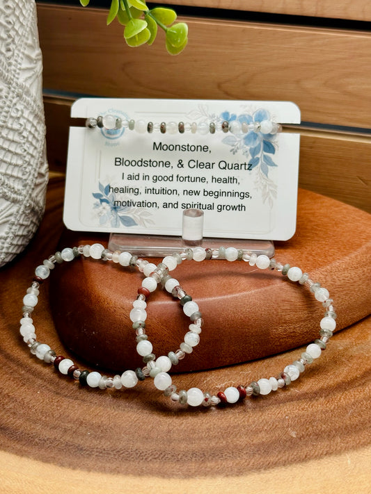 Moonstone, Bloodstone, & Clear Quartz Bracelet