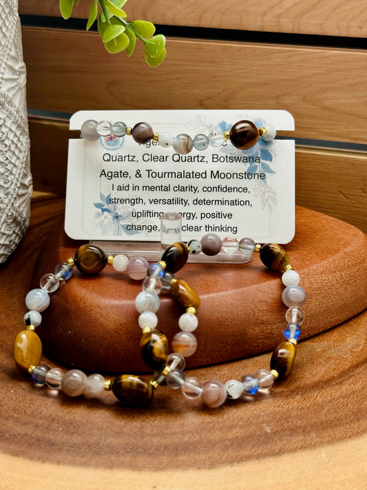 Tigers Eye, Mystic Aura Quartz, Clear Quartz, Botswana Agate, and Tourmalated Moonstone Bracelet