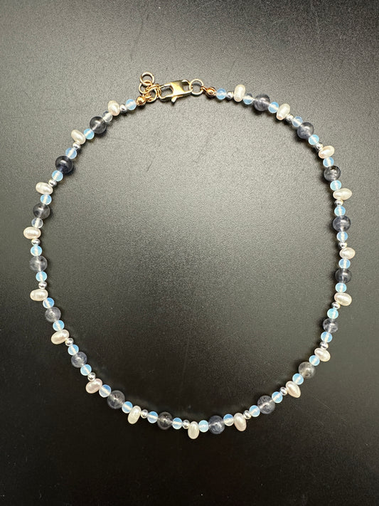 Opalite, Pearl, Iolite, and Silver Necklace 16”