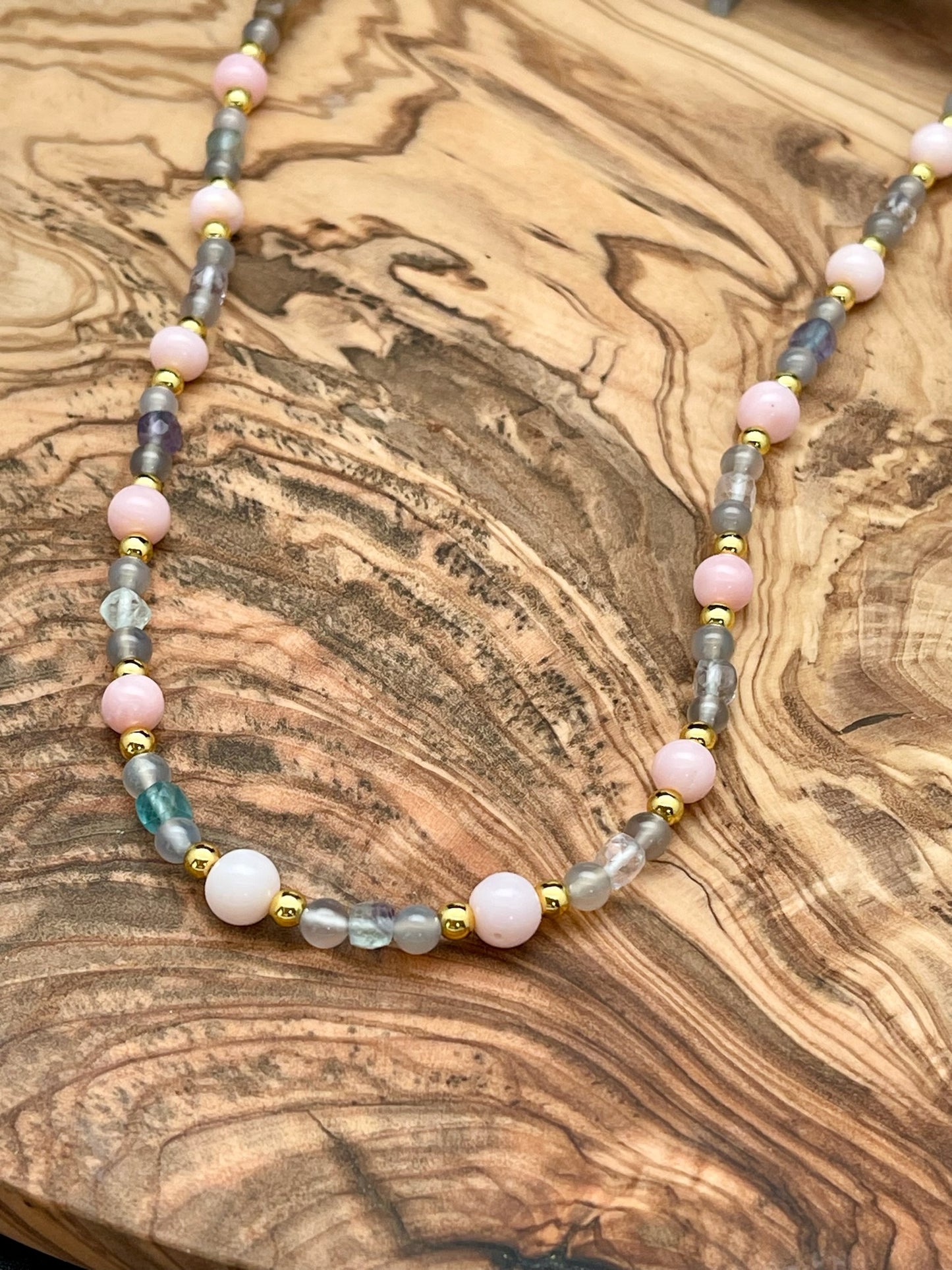 Pink Opal, Fluorite, Grey Chalcedony, and Hematite Necklace