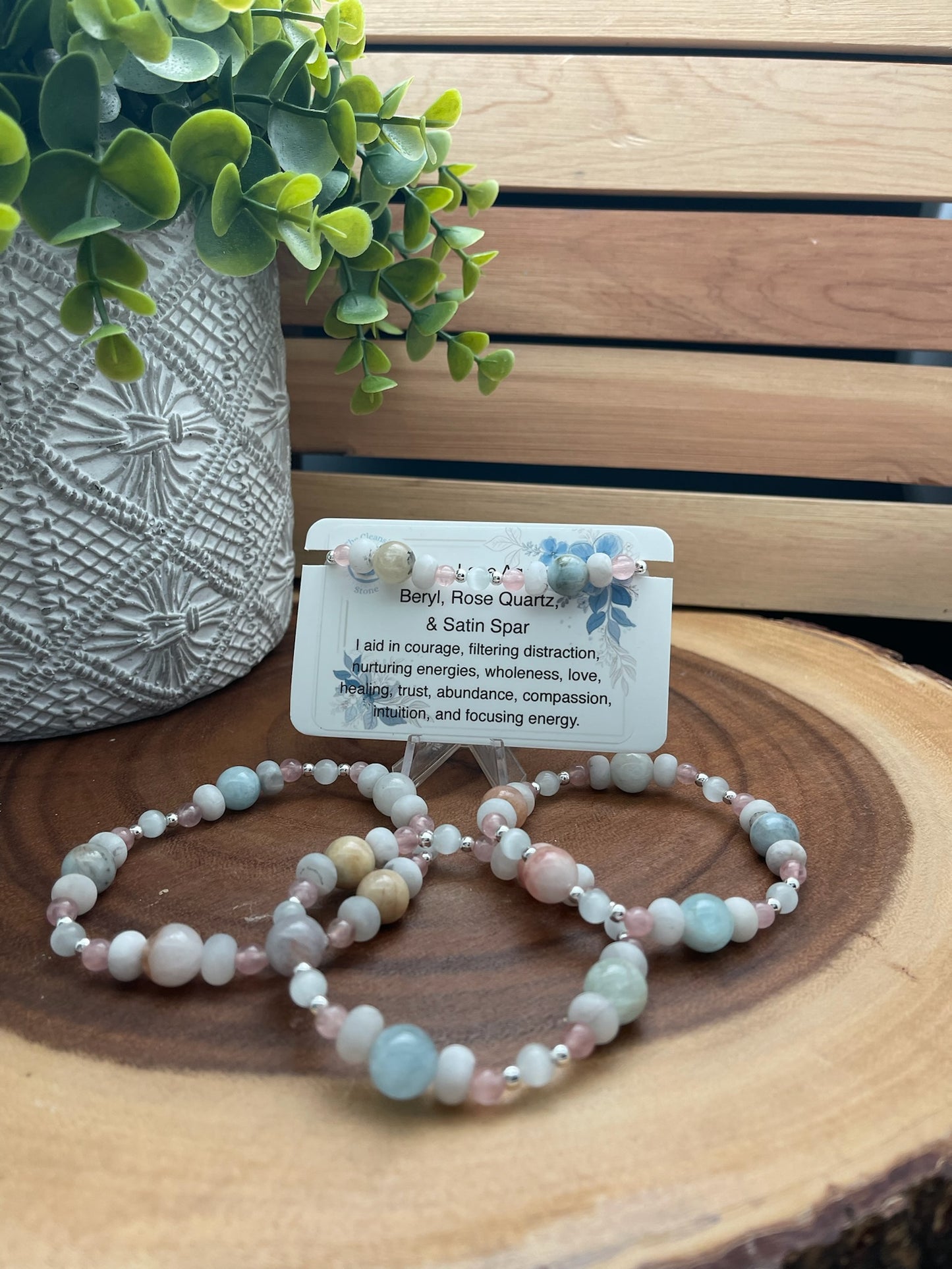 Silver Lace Agate, Beryl, Rose Quartz, and Satin Spar Bracelet