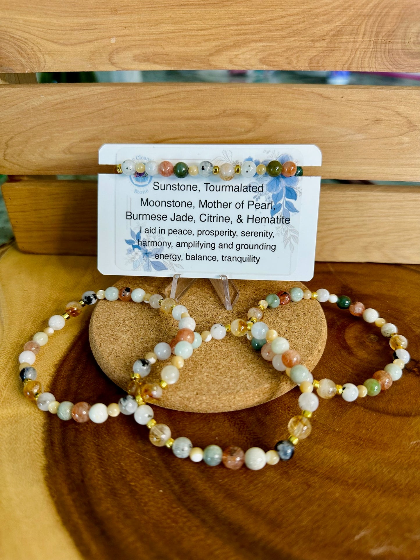 Sunstone, Tourmalated Moonstone, Mother of Pearl, Burmese Jade, Citrine, & Hematite Bracelet