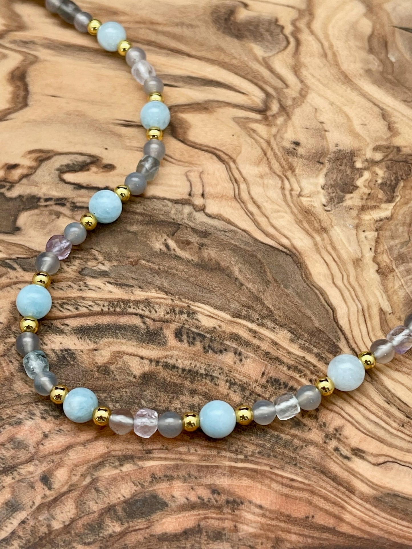Aquamarine, Grey Chalcedony, and Fluorite Necklace