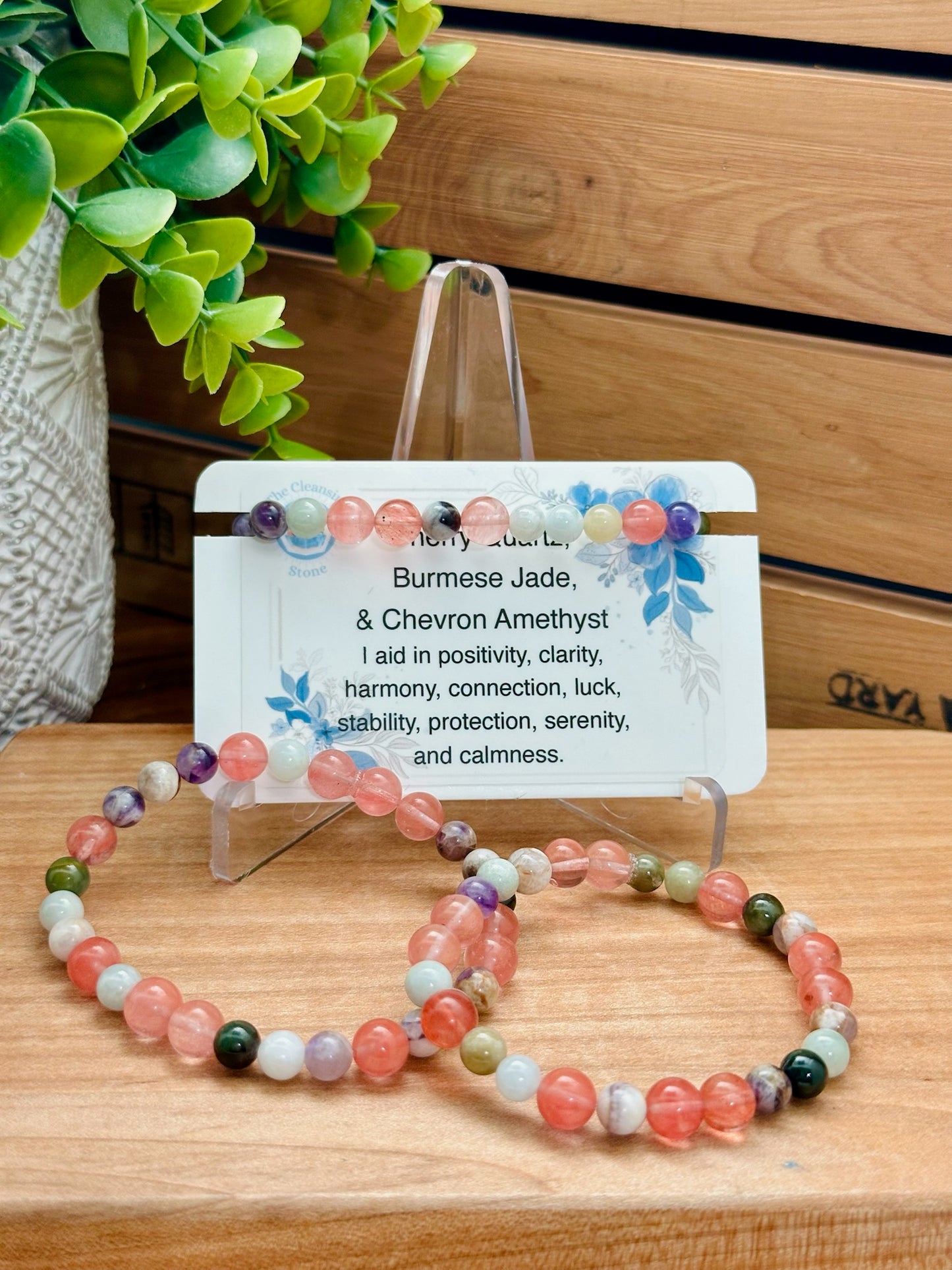 Cherry Quartz, Burmese Jade, and Chevron Amethyst Bracelet