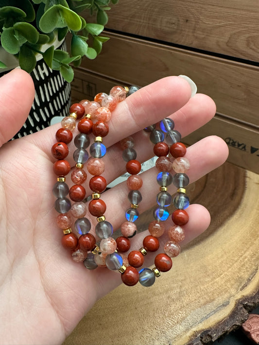 Sunstone, Mystic Aura Quartz, and Red Jasper Bracelet