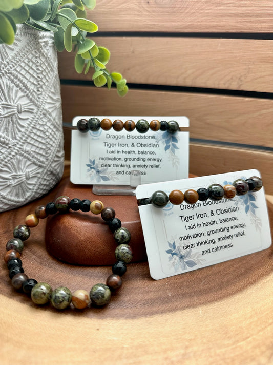 Dragon Bloodstone, Tiger Iron, & Obsidian Bracelet