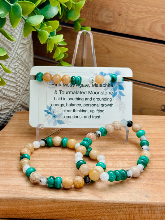 Pink Moss Agate, Malachite, & Tourmalated Moonstone Bracelet