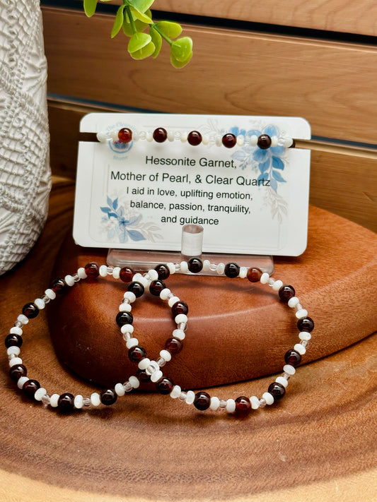 Hessonite Garnet, Mother of Pearl, & Clear Quartz Bracelet