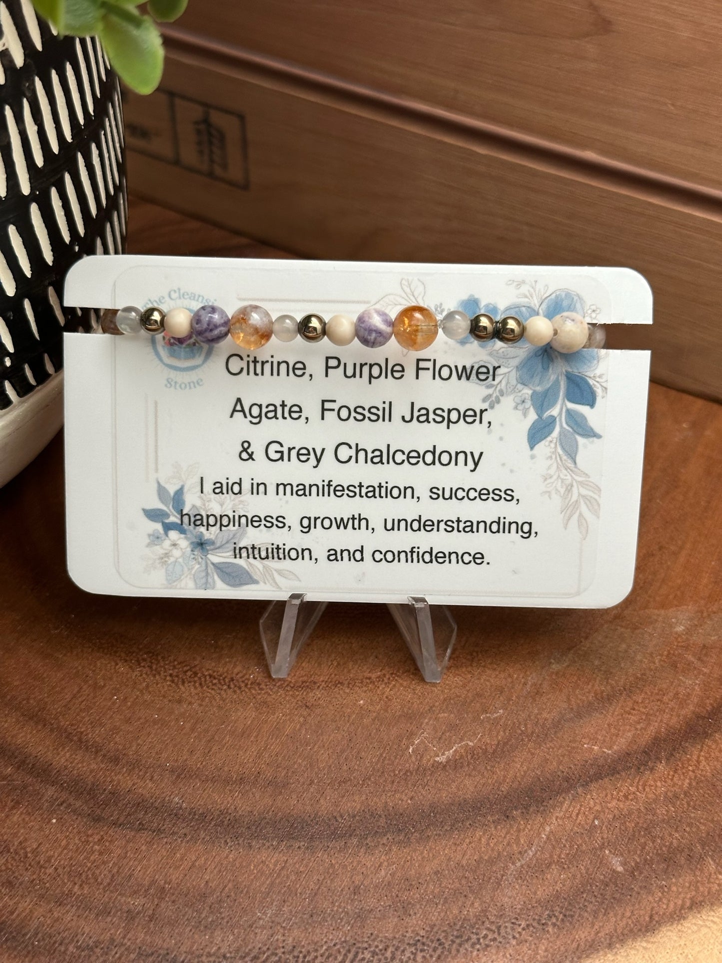 Citrine, Purple Flower Agate, Fossil Jasper, and Grey Chalcedony Bracelet