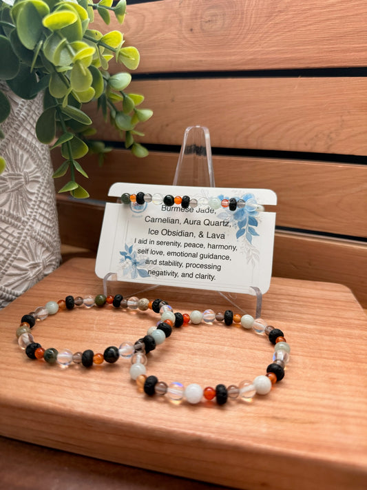 Burmese Jade, Carnelian, Aura Quartz, Ice Obsidian, & Lava Bracelet
