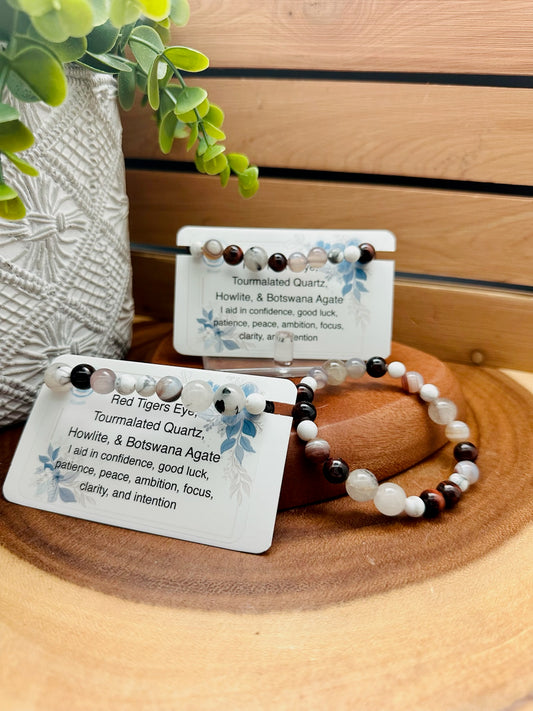 Red Tigers Eye, Tourmalated Quartz, Howlite, & Botswana Agate Bracelet