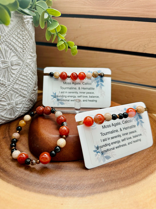 Red Sardonyx, Pink Moss Agate, Calico Tourmaline, & Hematite Bracelet