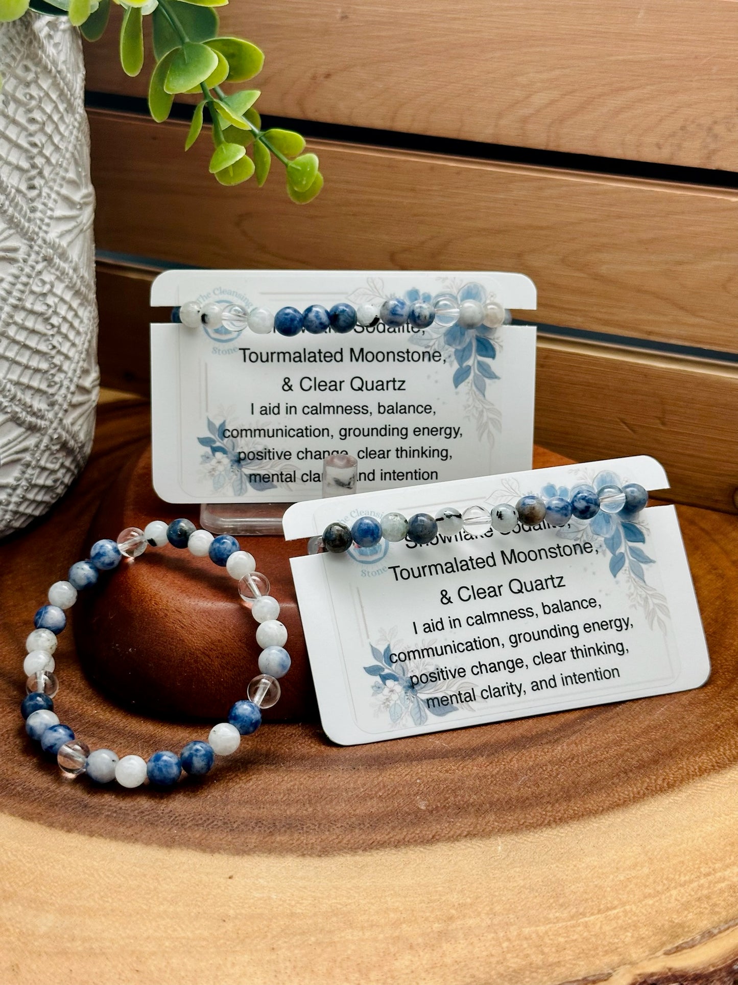 Snowflake Sodalite, Tourmalated Moonstone, and Clear Quartz Bracelet