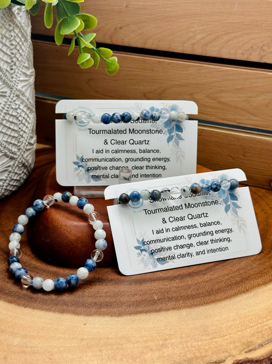 Snowflake Sodalite, Tourmalated Moonstone, and Clear Quartz Bracelet