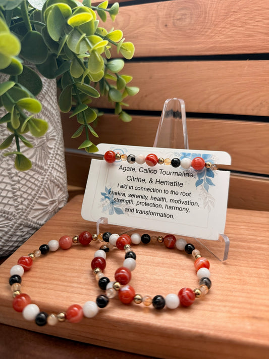 Red Sardonyx, White Lace Agate, Calico Tourmaline, Citrine, & Hematite Bracelet