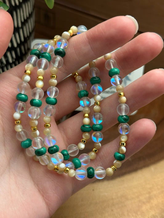 Malachite, Aura Quartz, Mother of Pearl, & Hematite Bracelet