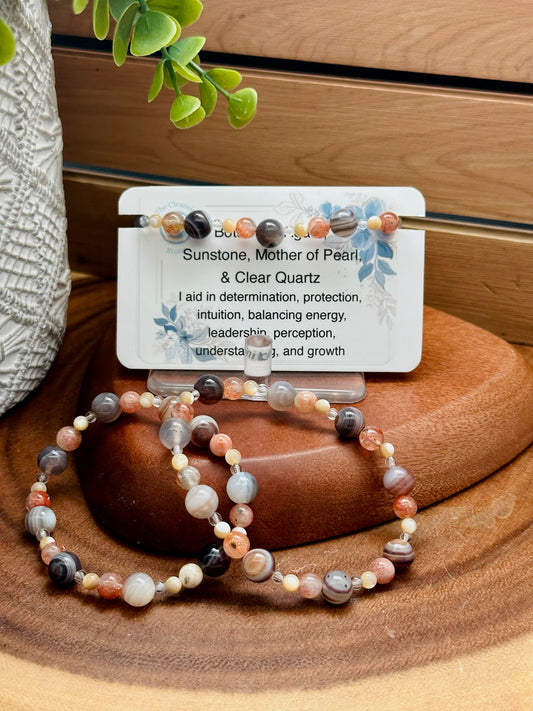 Botswana Agate, Sunstone, Mother of Pearl, & Clear Quartz Bracelet