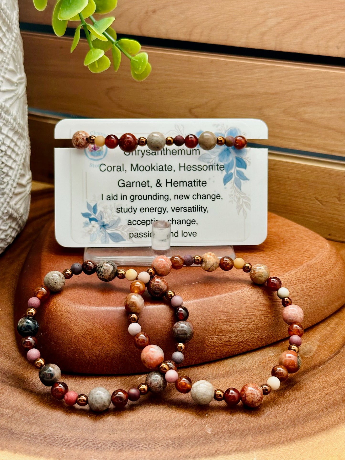 Chrysanthemum Coral, Mookiate, Hessonite Garnet, & Hematite Bracelet