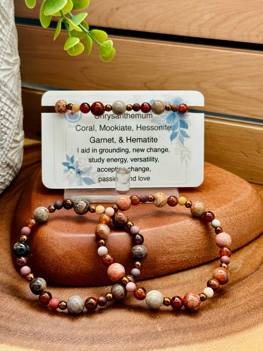 Chrysanthemum Coral, Mookiate, Hessonite Garnet, & Hematite Bracelet