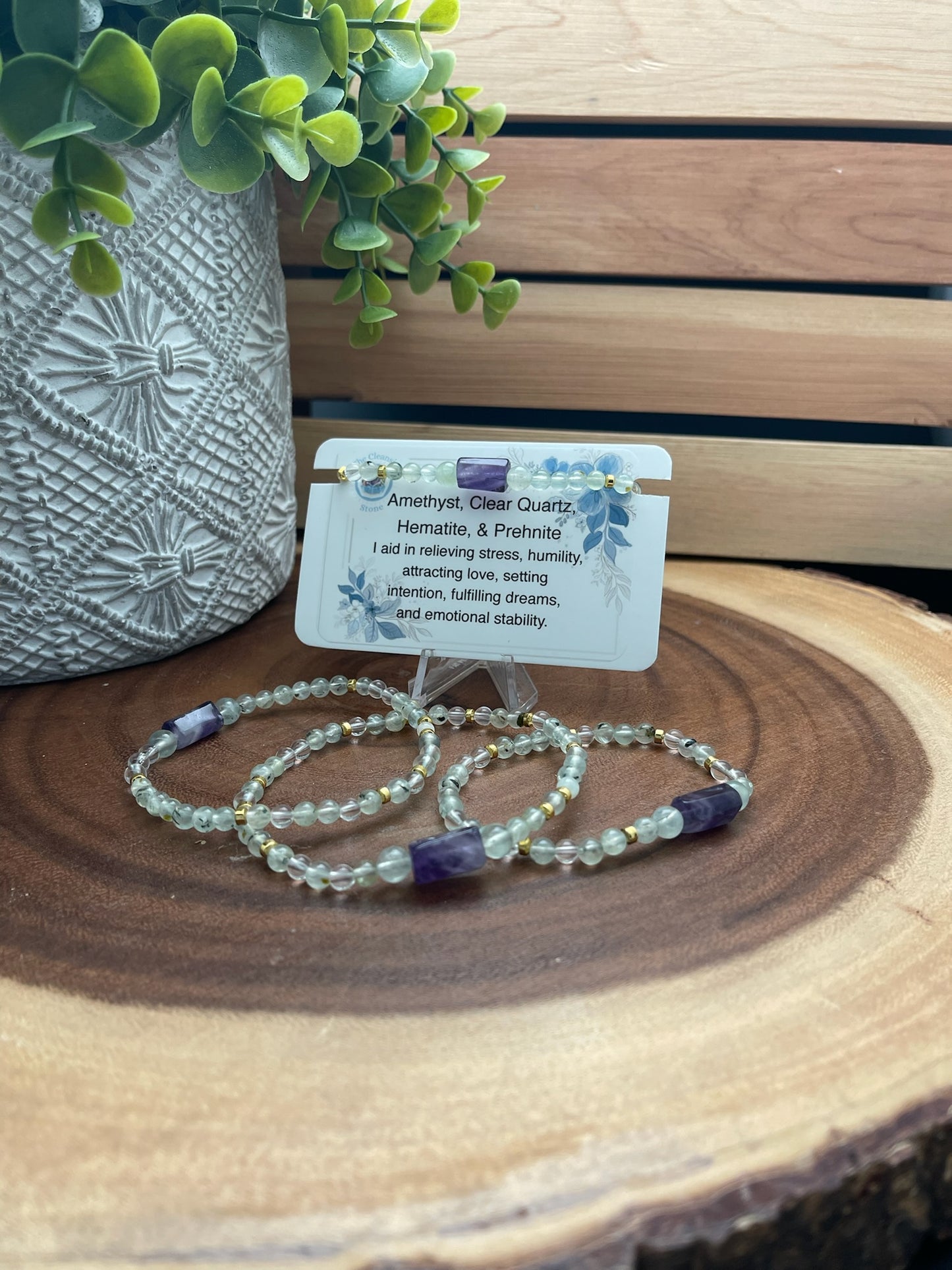 Amethyst, Clear Quartz, Hematite, and Prehnite Bracelet