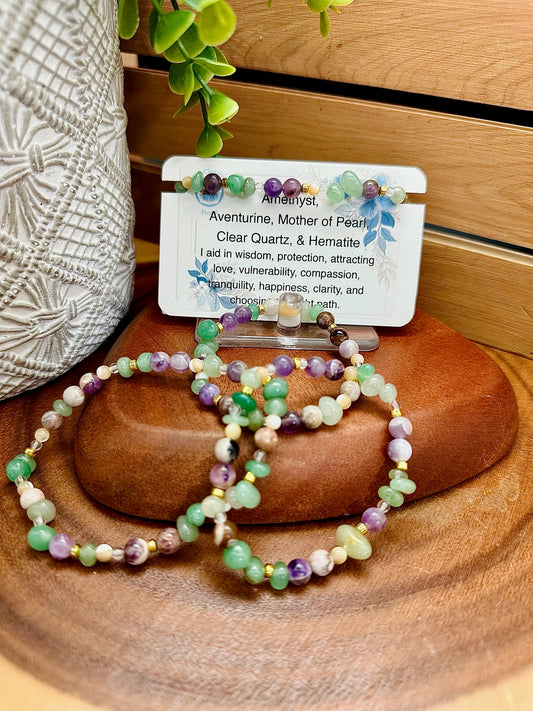 Amethyst, Aventurine, Mother of Pearl, Clear Quartz, and Hematite Bracelet