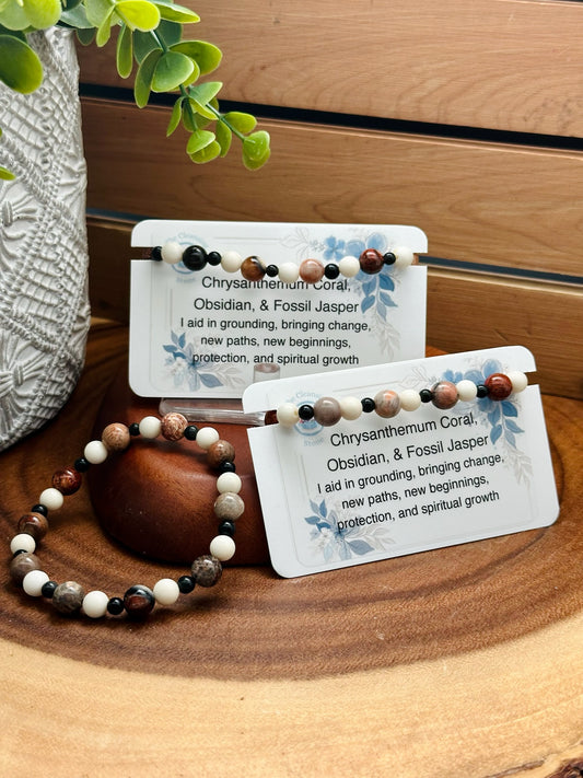Chrysanthemum Coral, Obsidian, and Fossil Jasper Bracelet