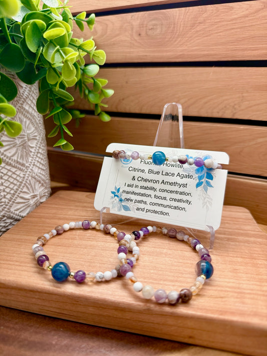 Fluorite, Howlite, Citrine, Blue Lace Agate, and Chevron Amethyst Bracelet
