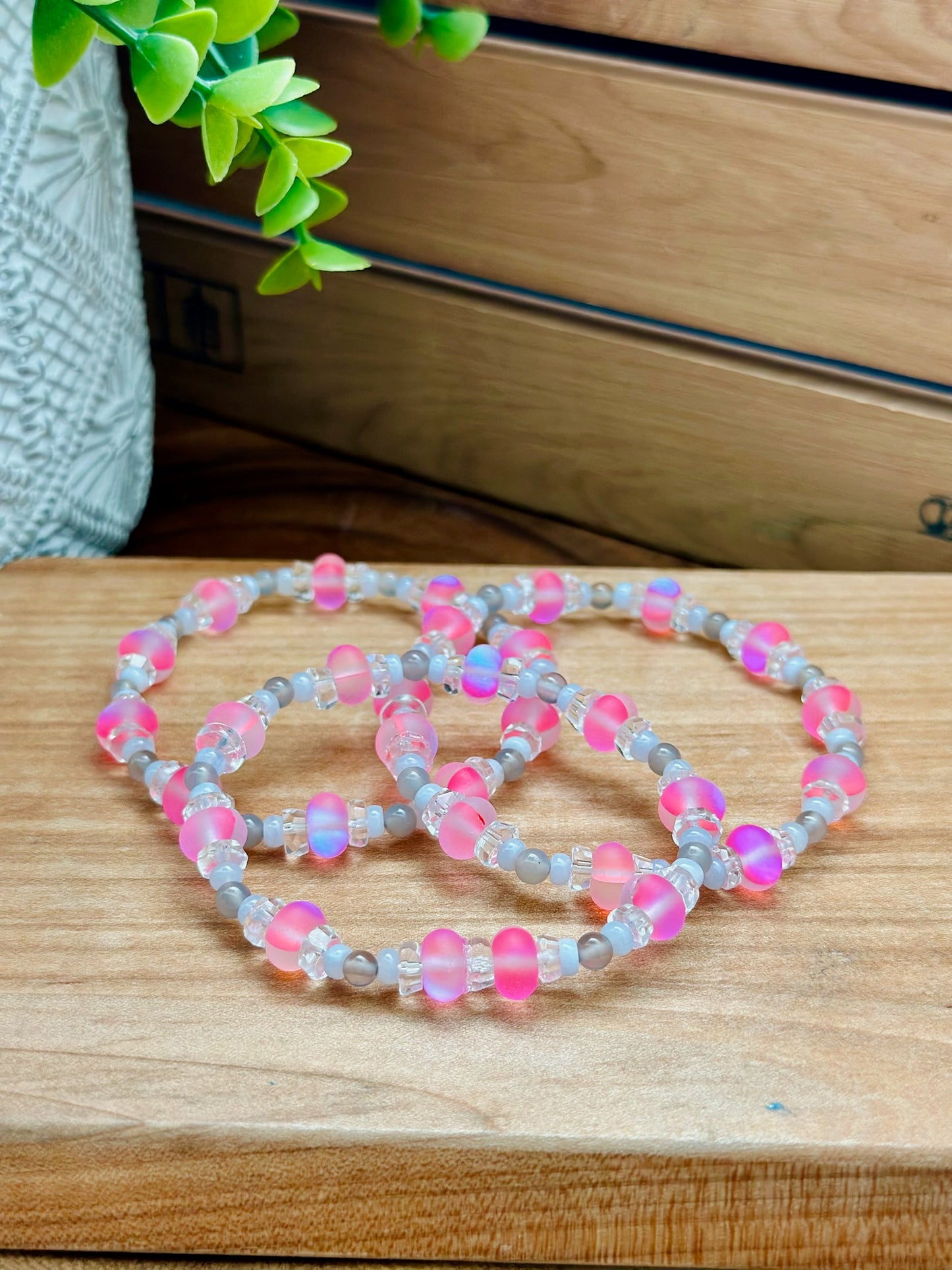 Pink Mystic Quartz, Clear Quartz, Blue Lace Agate, and Grey Chalcedony Bracelet