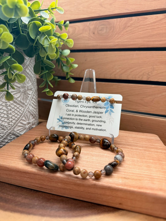 Tigers Eye, Ice Obsidian, Chrysanthemum Coral, and Wooden Jasper Bracelet