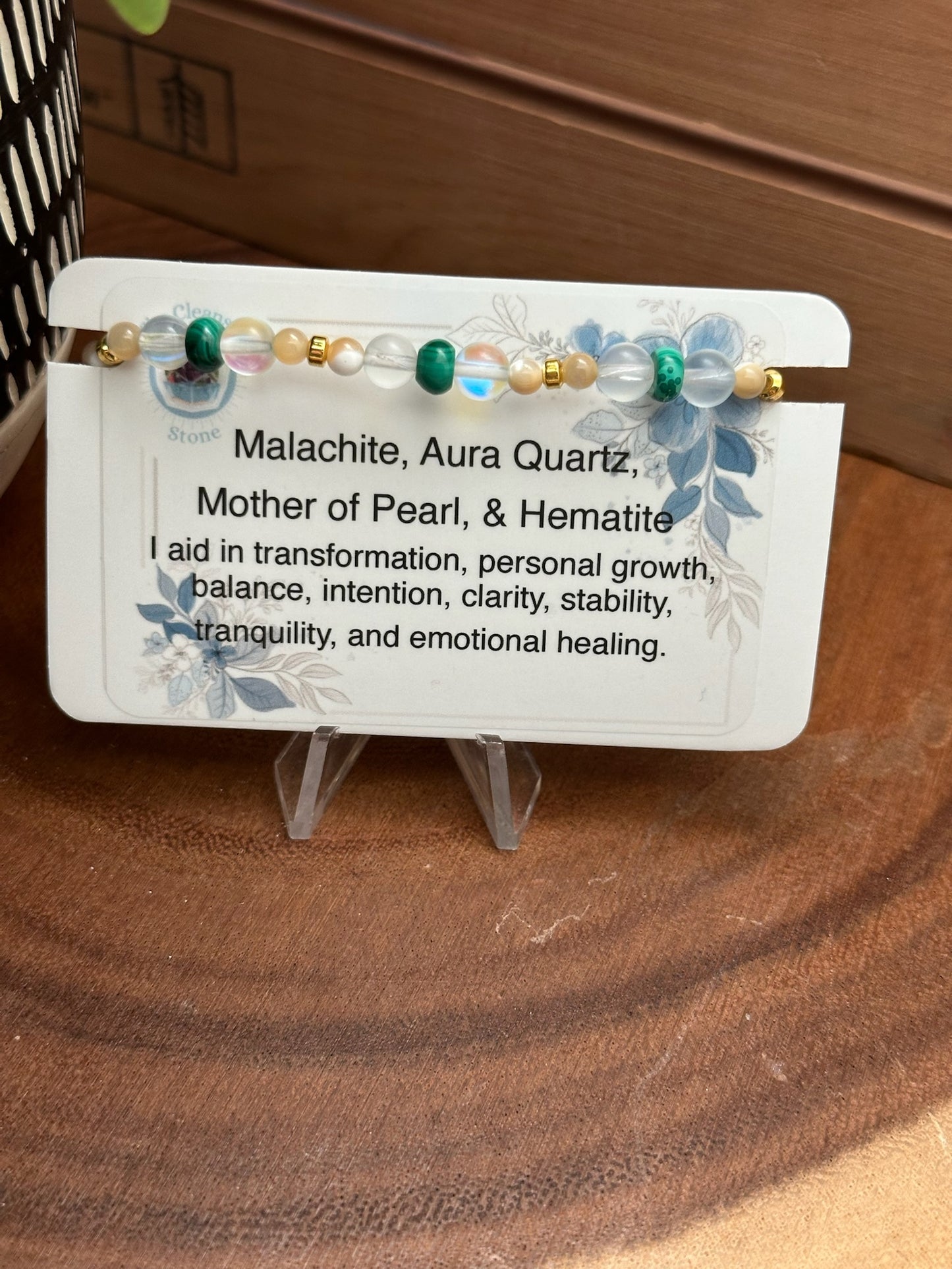 Malachite, Aura Quartz, Mother of Pearl, & Hematite Bracelet
