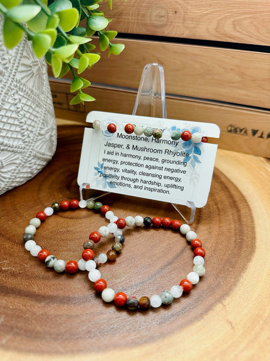 Burmese Jade, Chevron Amethyst, Tourmalated Moonstone, and Carnelian Bracelet