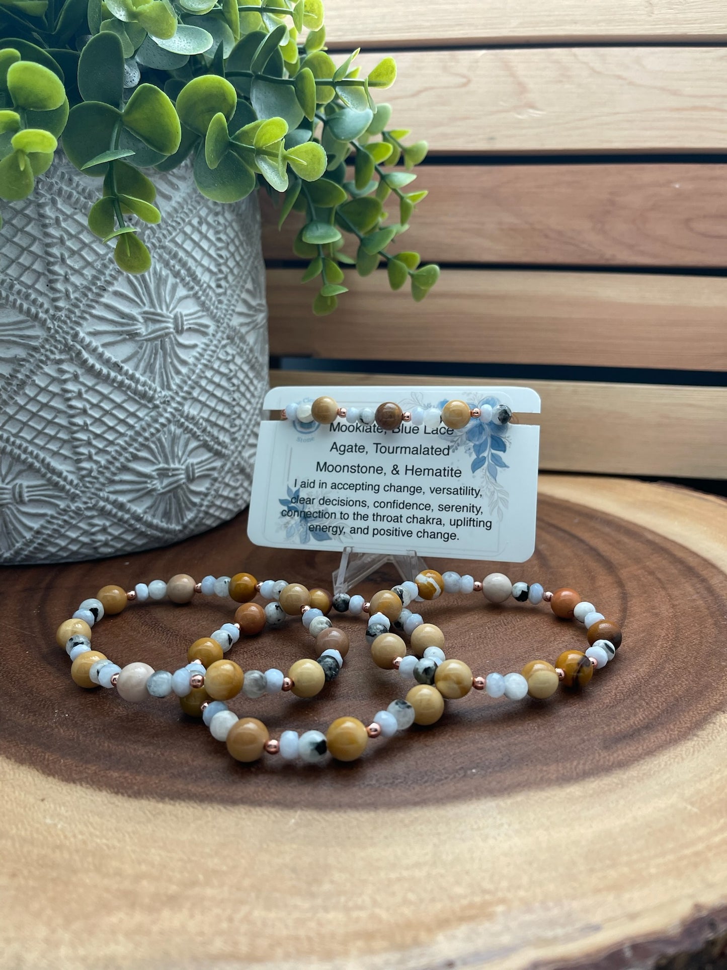 Mookiate, Blue Lace Agate, Tourmalated Moonstone, and Hematite Bracelet