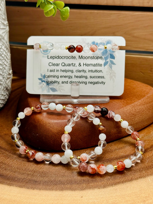 Lepidocrocite, Moonstone, Clear Quartz, & Hematite Bracelet