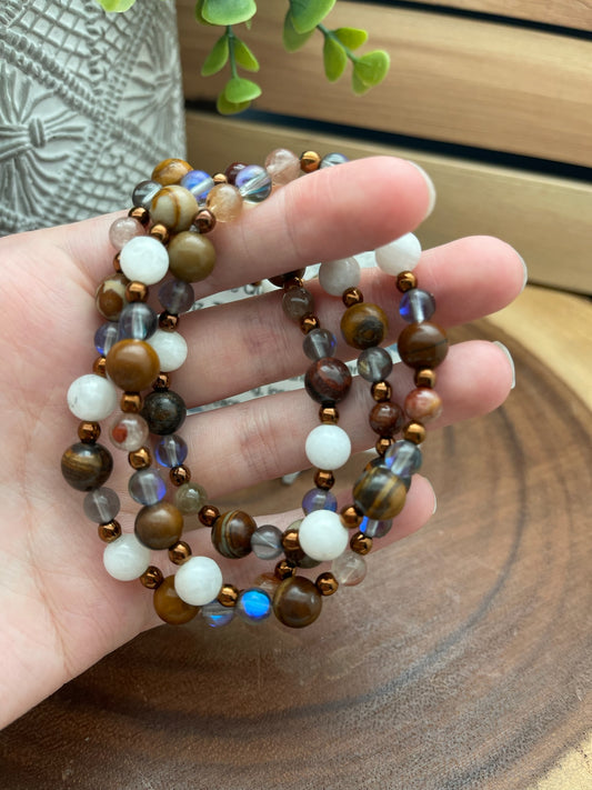 Rutile Quartz, Mystic Quartz, Tiger Iron, & Moonstone Bracelet