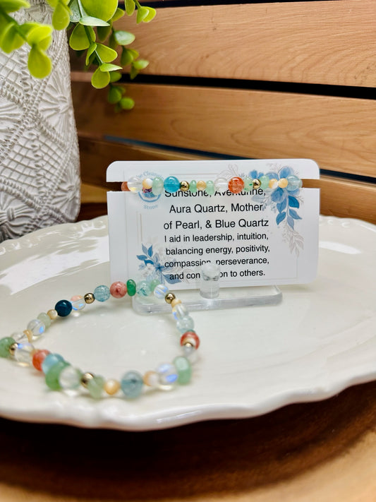Sunstone, Aventurine, Aura Quartz, Mother of Pearl, and Blue Quartz Bracelet