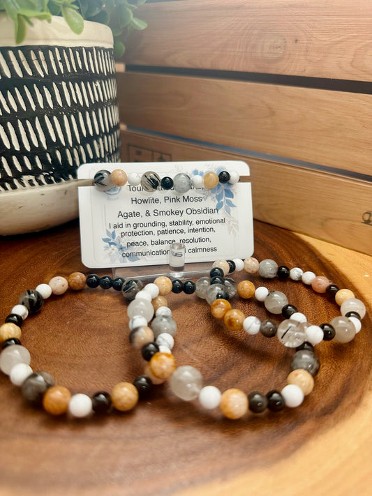Tourmalated Quartz, Howlite, Pink Moss Agate, & Smokey Obsidian Bracelet