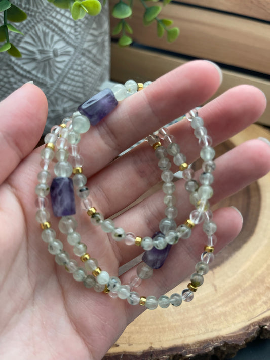 Amethyst, Clear Quartz, Hematite, and Prehnite Bracelet
