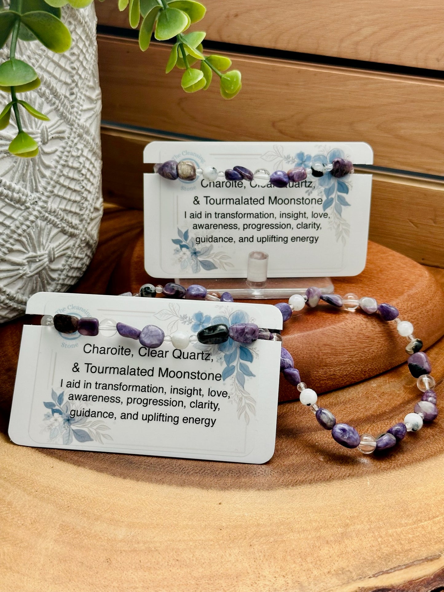 Charoite, Clear Quartz, and Tourmalated Moonstone Bracelet
