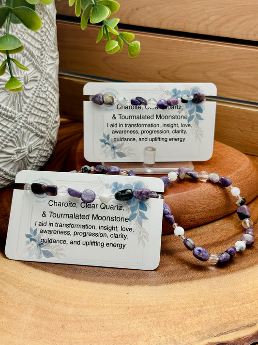 Charoite, Clear Quartz, and Tourmalated Moonstone Bracelet