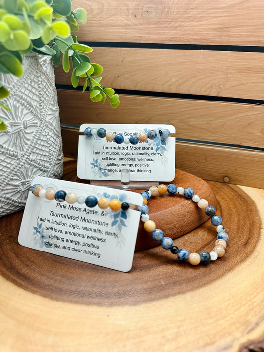 Blue Sodalite, Pink Moss Agate, Tourmalated Moonstone Bracelet