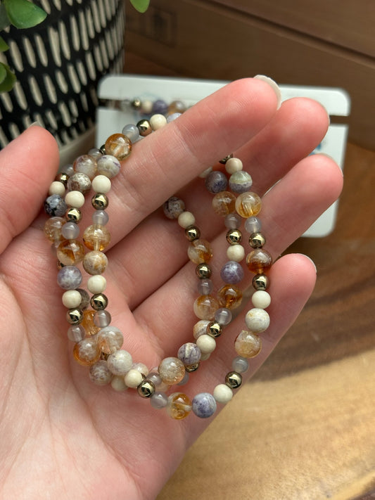 Citrine, Purple Flower Agate, Fossil Jasper, and Grey Chalcedony Bracelet