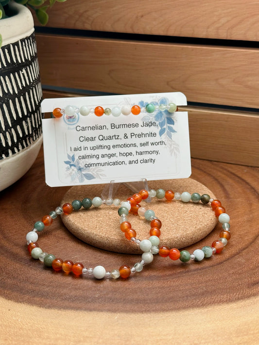 Carnelian, Burmese Jade, Clear Quartz, and Prehnite Bracelet