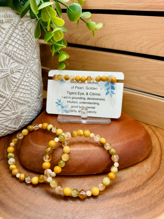 Mookiate, Mother of Pearl, Golden Tigers Eye, and Citrine Bracelet