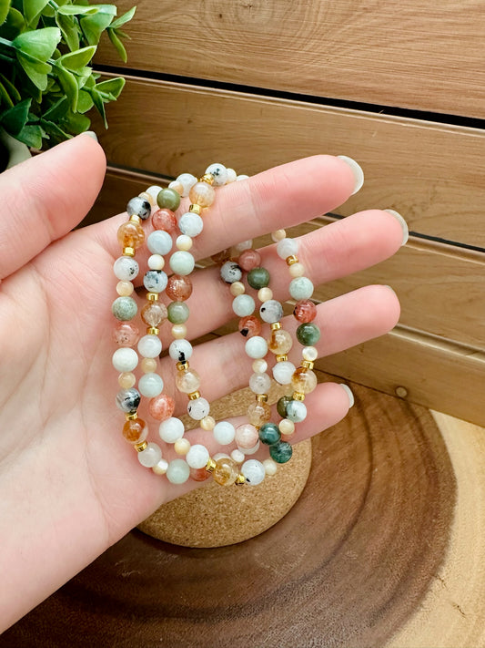 Sunstone, Tourmalated Moonstone, Mother of Pearl, Burmese Jade, Citrine, & Hematite Bracelet