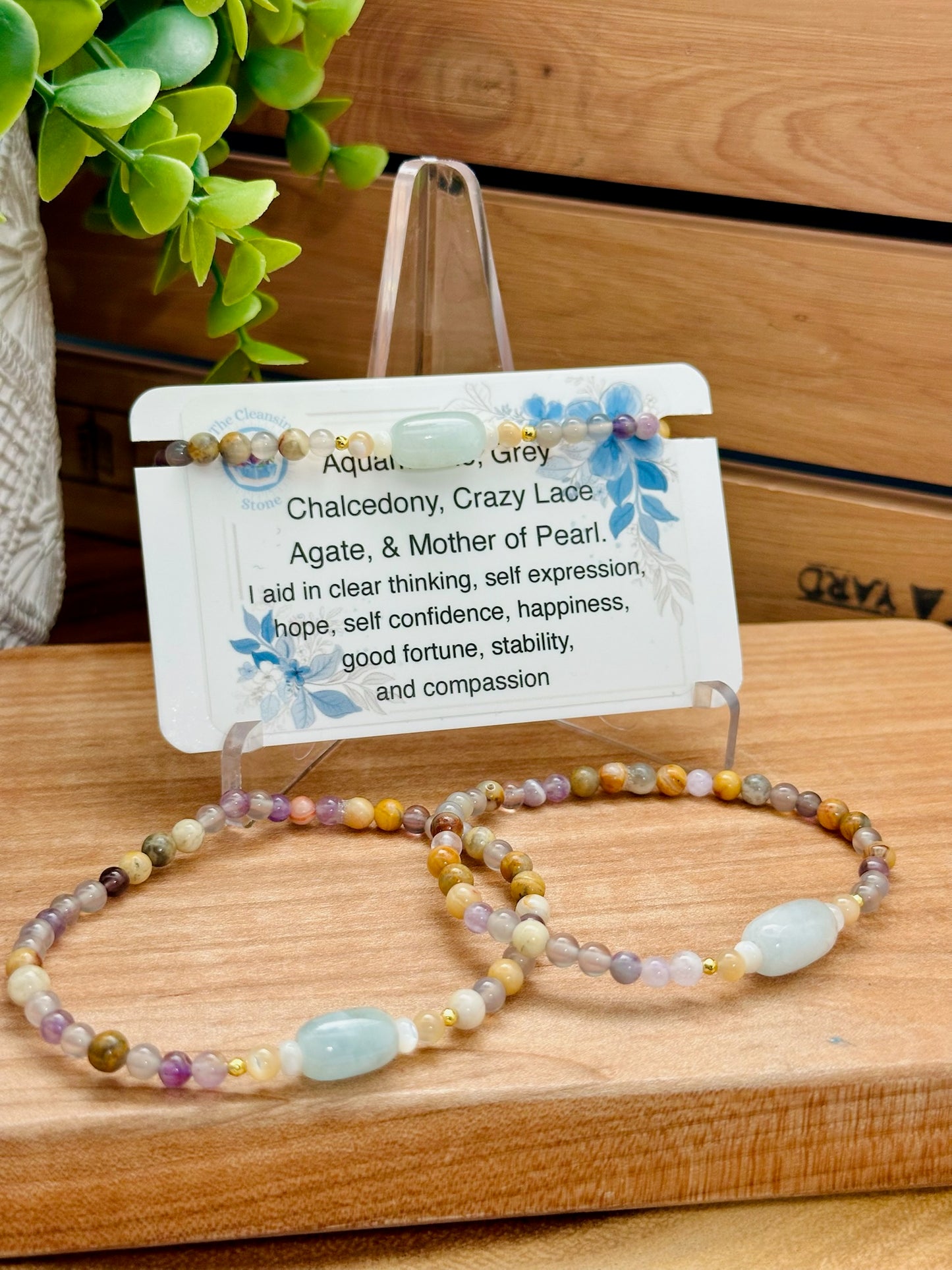 Aquamarine, Grey Chalcedony, Crazy Lace Agate, Amethyst, & Mother of Pearl Bracelet