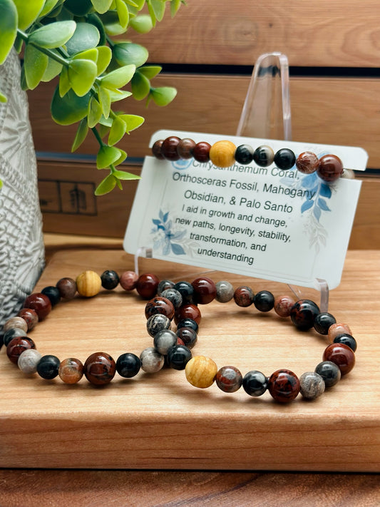 Chrysanthemum Coral, Orthosceras Fossil, Mahogany Obsidian, & Palo Santo Bracelet
