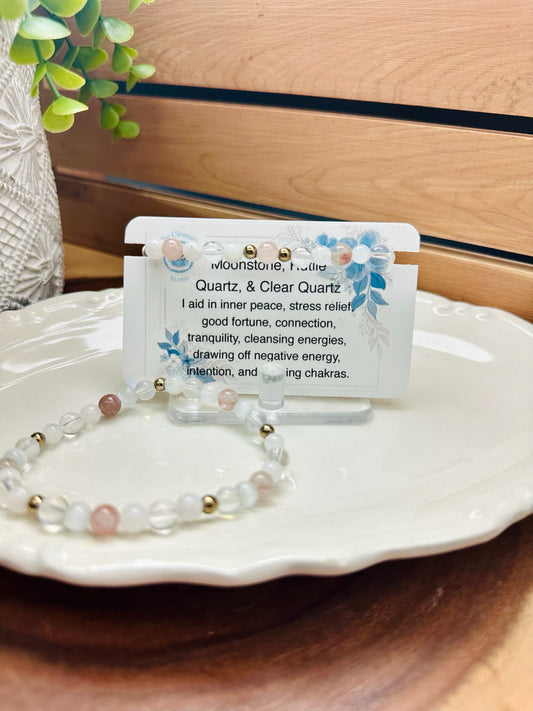 Moonstone, Rutile Quartz, & Clear Quartz Bracelet